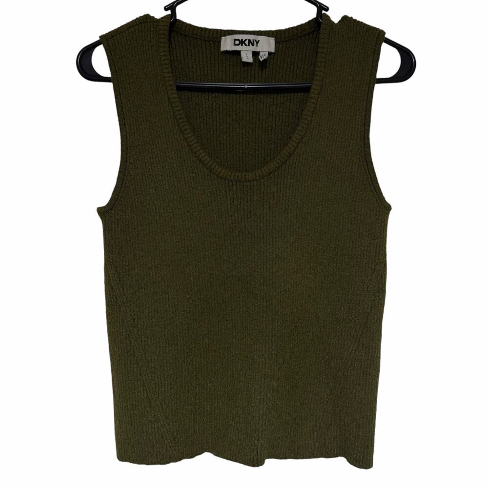 DKNY Olive Green Knit Sleeveless Sweater Top Size Large Scoop Neck Stretch